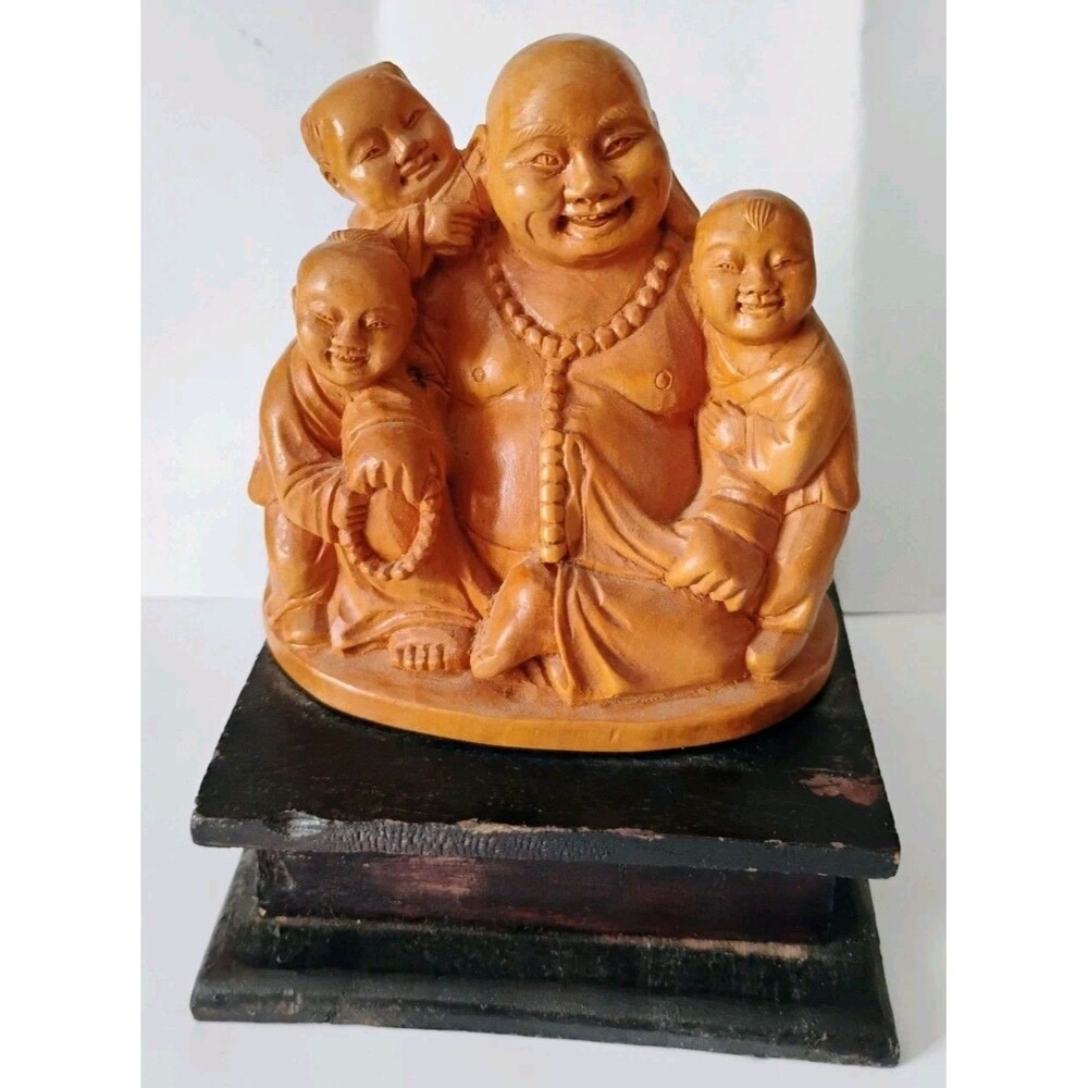 Vintage Chinese Carved Boxwood Fertility Laughing Buddha Statue Children Wooden